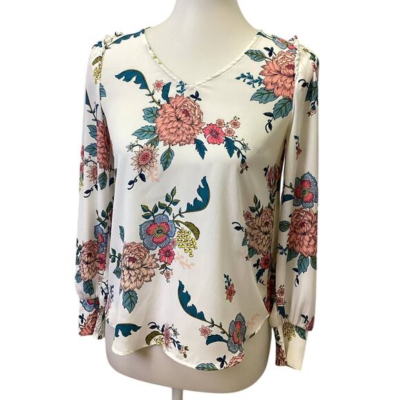 LOFT Petites XXSP Long Sleeve V-Neck Ruffled Shoulder Floral Polyester Blouse - Picture 1 of 5